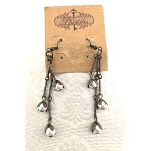 Plunder Flower Bud Drop Earrings Triple Dangle Faux Pearl Bead Boho Fairy Nature